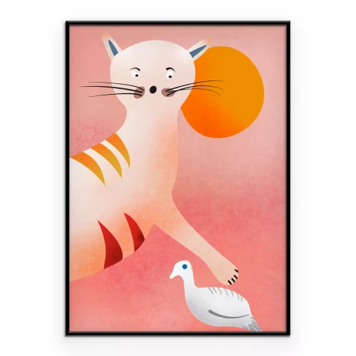 Poster Roze illustratie met een kat en een vogeltje