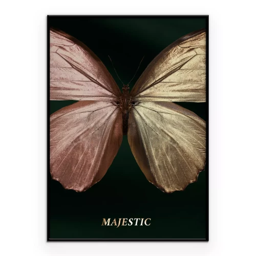 Poster Een roze en gouden vlinder met het woord Majestic erop geschreven