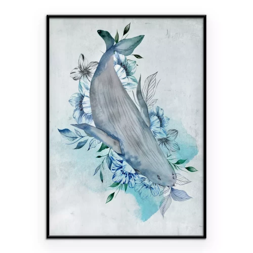 Poster Aquarelcompositie met een walvis en blauwe bloemen