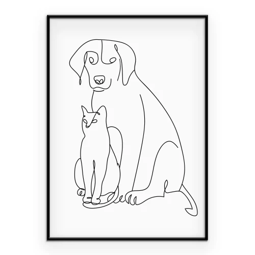 Poster Een minimalistische lijntekening van een hond en kat.