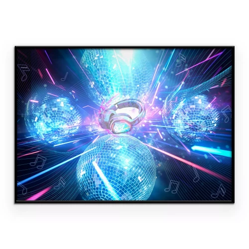 Poster Koptelefoons en discoballen in neonlichten