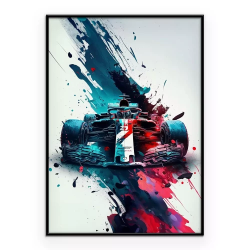 Poster Een Formule 1-auto tegen een kleurrijke verfachtergrond