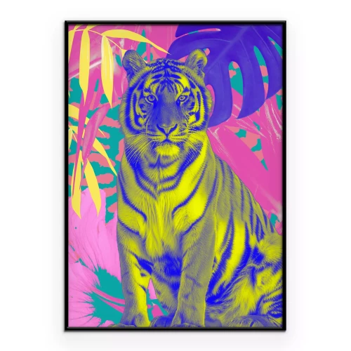 Poster Gele en blauwe tijger in een kleurrijke jungle