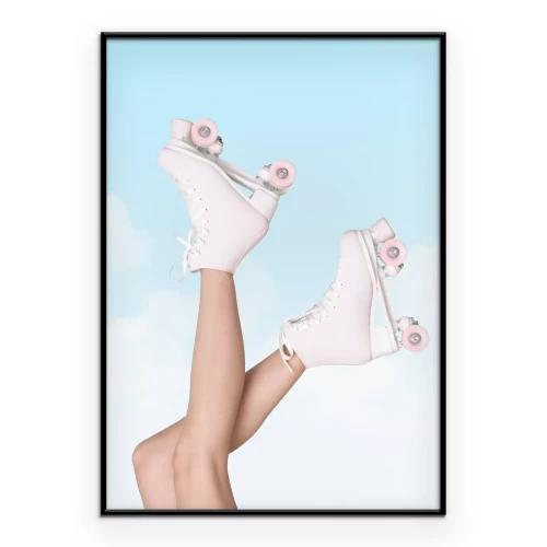 Poster Witte rolschaatsen op voeten tegen een blauwe luchtachtergrond