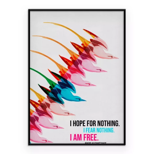 Poster Een citaat van Nikos Kazantzakis met kleurrijke vogelsilhouetten