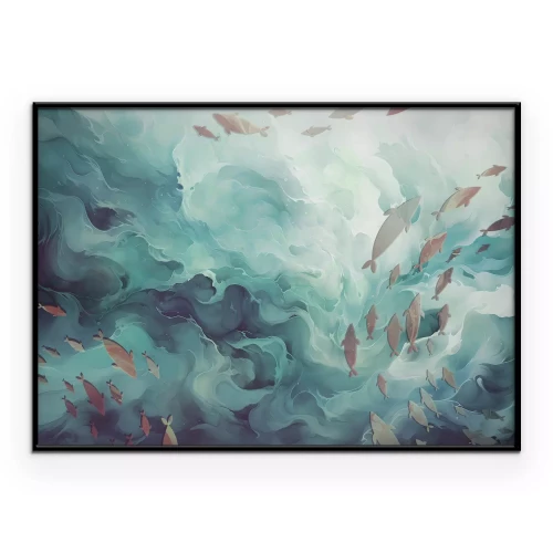 Poster Een schilderij van vissen in een kolkende oceaan