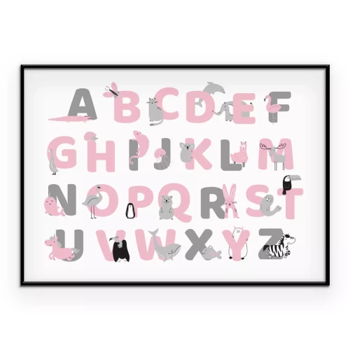 Poster Dieren tussen roze en grijze letters