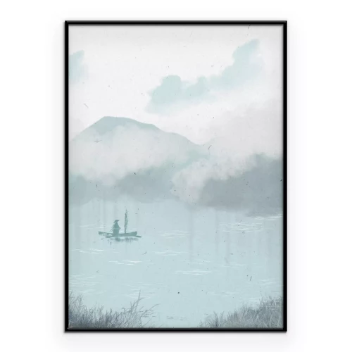 Poster Een delicate illustratie van een boot op een bergmeer