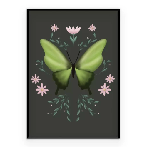 Poster Een lichtgroene vlinder in een bloemstuk