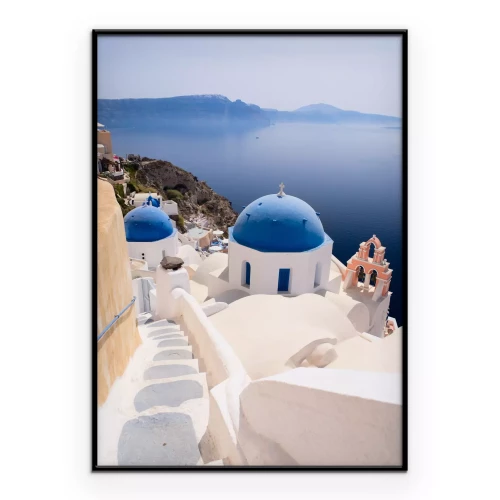 Poster Zonnig terras met uitzicht op Santorini