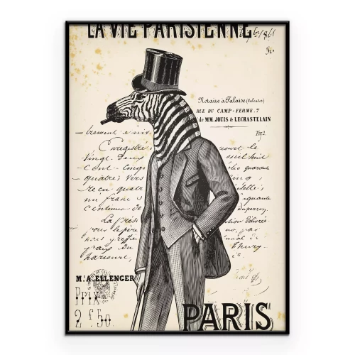 Poster Een zebra met hoed tegen een retro-krantenachtergrond.