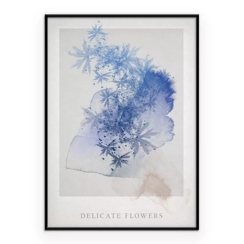 Poster Een aquarel bloemenmotief in blauwtinten met de tekst DELICATE FLOWERS.