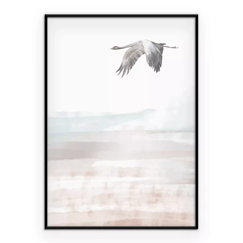 Poster Een vogel tegen de achtergrond van een aquarellandschap in pastelkleuren.