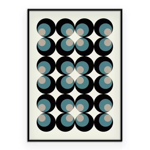 Poster Abstrakte Komposition mit blauen und schwarzen Kreisen im Bauhaus-Stil