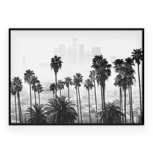 Poster Palmbomen tegen de skyline van Los Angeles in zwart-wit.