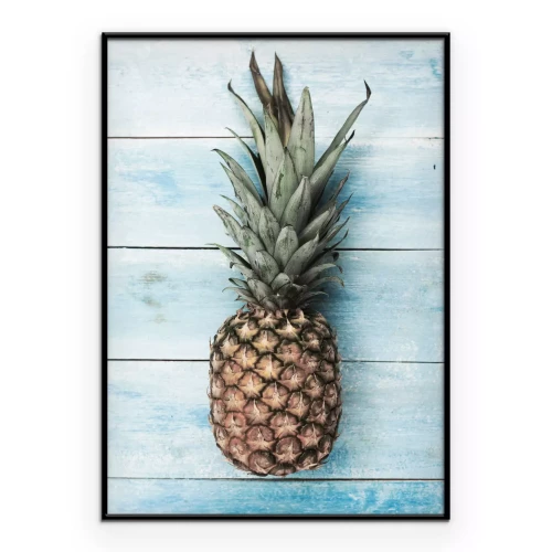 Poster Ananas auf blauem Holzhintergrund
