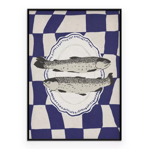 Poster Vis op een bord tegen een geblokte achtergrond.