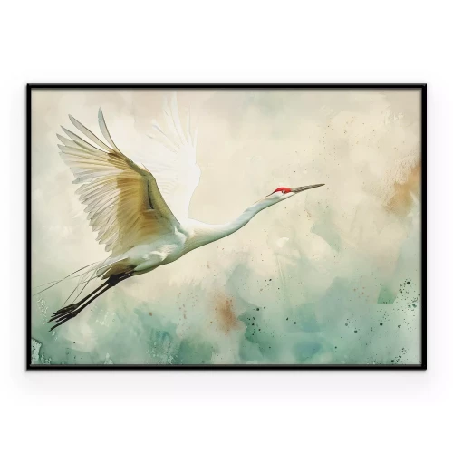 Poster Crane in Flight - bird painted in watercolor on a greenish textured background