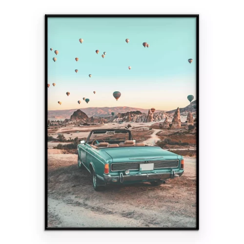 Poster Retroauto in Kappadokien und Ballons am Himmel malerische Landschaft