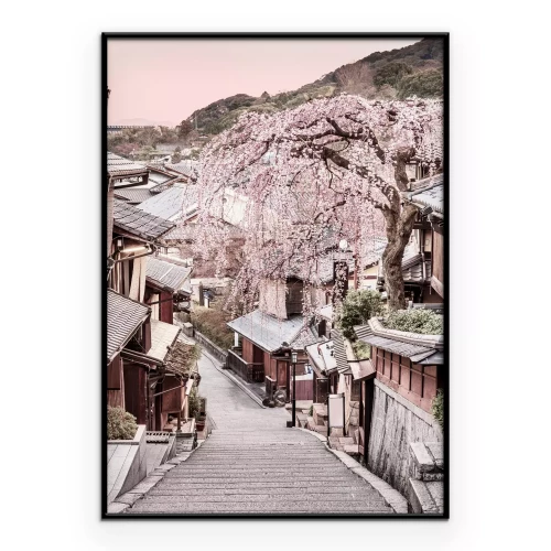 Poster Japanse straat in Kyoto met kersenbloesems