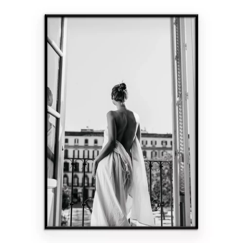 Poster Frau auf einem Balkon schwarz-weißes Foto