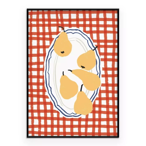 Poster Moderne Illustration einer Birne auf rotem Karohintergrund