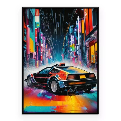 Poster Cartoonauto in een neonstad