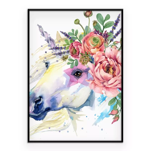 Poster Aquarelstijl afbeelding van een eenhoornhoofd met bloemen