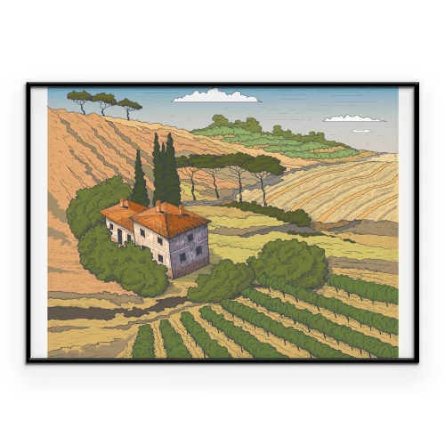 Poster Geïllustreerd landschap van het Toscaanse platteland in Italië