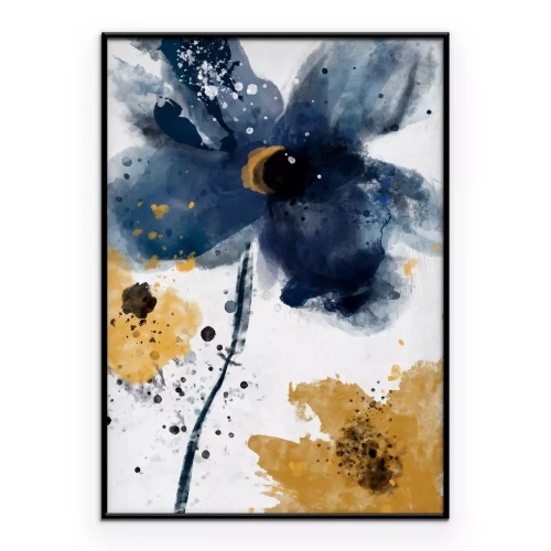 Poster Aquarel blauwe en gele bloemen
