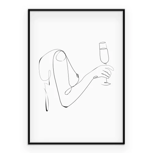 Poster Frau mit einem Weinglas im Line-Art-Stil