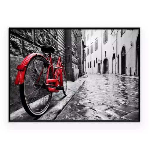 Poster Rotes Fahrrad und schwarz-weiße Architektur