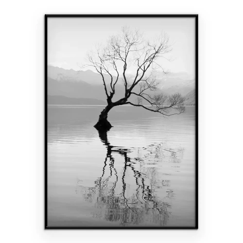 Poster Baum am See mit Bergen im Hintergrund in Schwarz-Weiß
