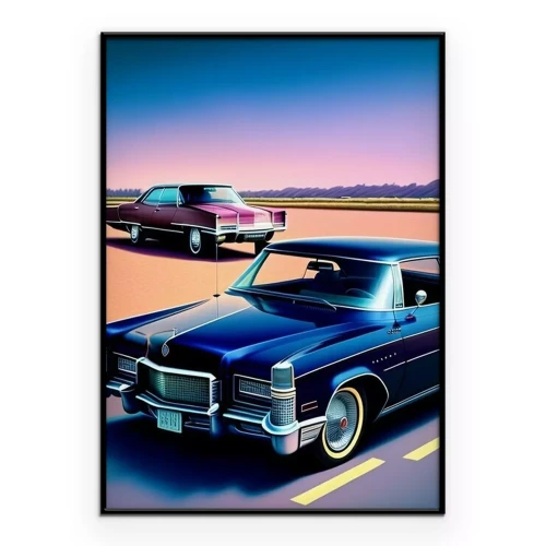 Poster Klassieke auto's op de weg in cartoonstijl.