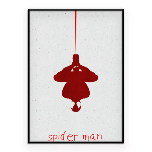 Poster Het opschrift Spider-Man en de omtrek van een rode figuur op een lichte achtergrond.