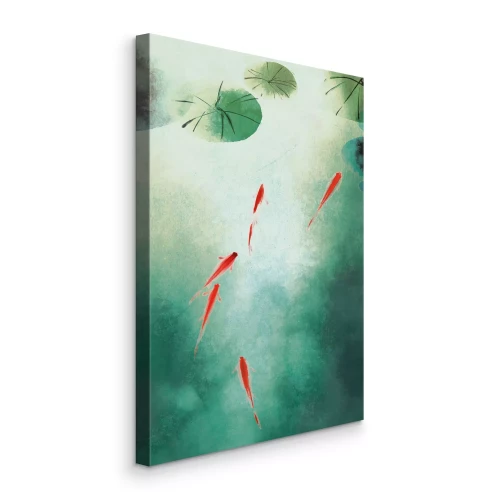 Canvas Rode vis en groene lotusbladeren