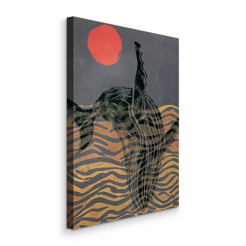 Canvas Retro patroon met walvis en zonsondergang