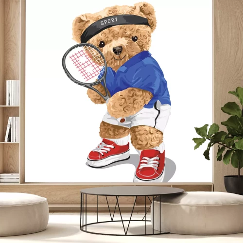 Sticker Een teddybeer in een pak met een tennisracket.