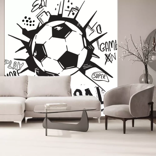 Sticker Voetbal in graffitistijl met opschriften in zwart-witpatroon.