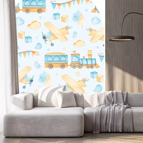 Sticker Aquarelpatroon met treinen en vliegtuigen voor kinderen