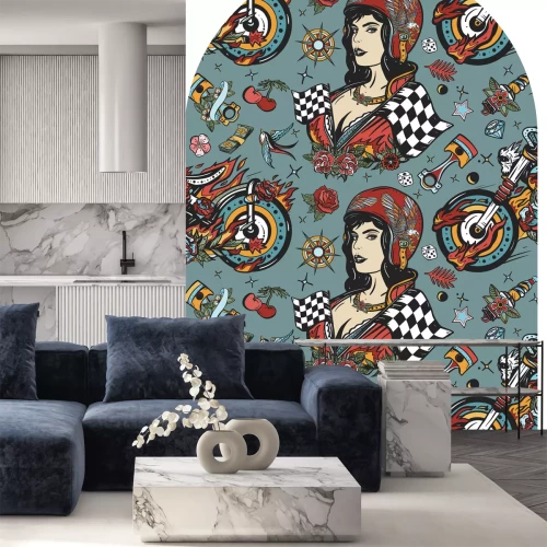 Sticker Een klassiek patroon van een vrouw met een helm en motorfietsen.