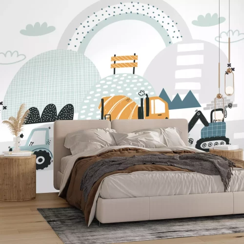 Sticker Bouwvoertuigen tegen een regenboogachtergrond - illustratie voor kinderen