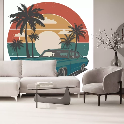 Sticker Een auto in retrostijl met een zonsondergang en palmbomen op de achtergrond.