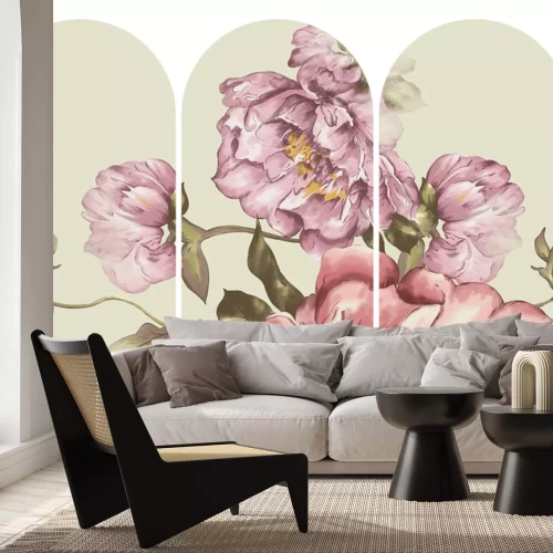 Sticker Roze pioenbloemen met groene bladeren