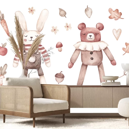Sticker Aquarel konijntje en teddybeer in herfstkleuren