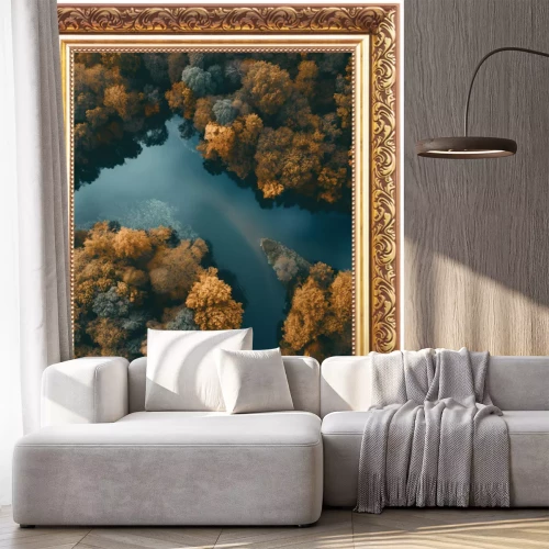 Sticker Herfstlandschap vanuit vogelperspectief met bomen en een rivier.