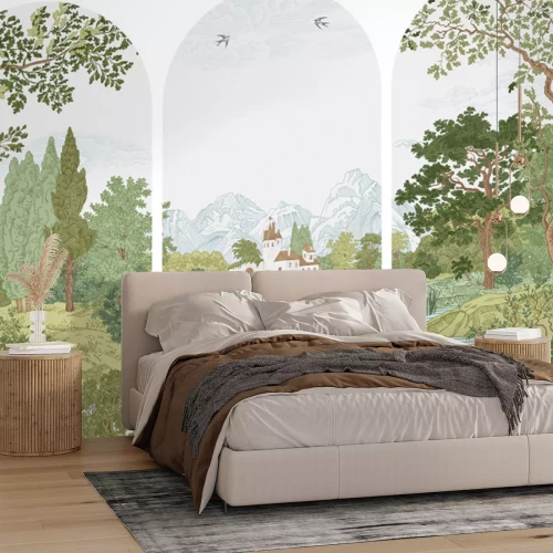 Sticker Landschap met een rivier in geometrische bogen.