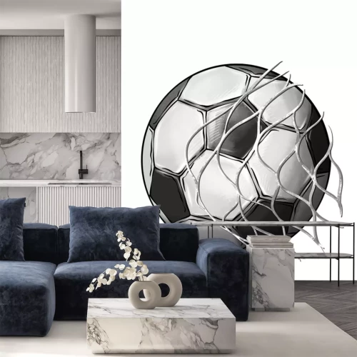 Sticker Een voetbal die in het doel belandt.