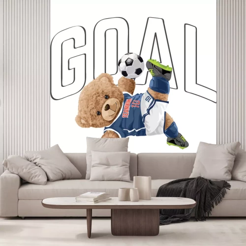 Sticker Een teddybeer in een voetbaltenue met een voetbal.