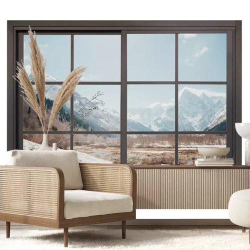 Sticker Een uitzicht vanuit het raam op een winterlandschap